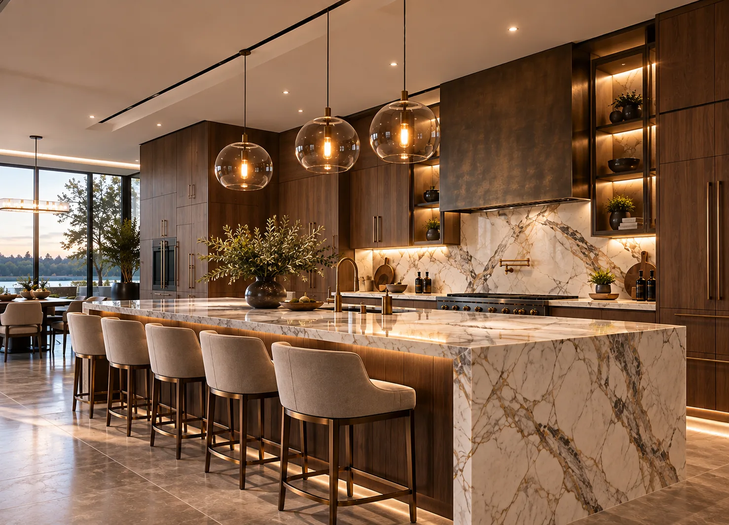 Luxury walnut kitchen with marble waterfall island and glass pendant lighting